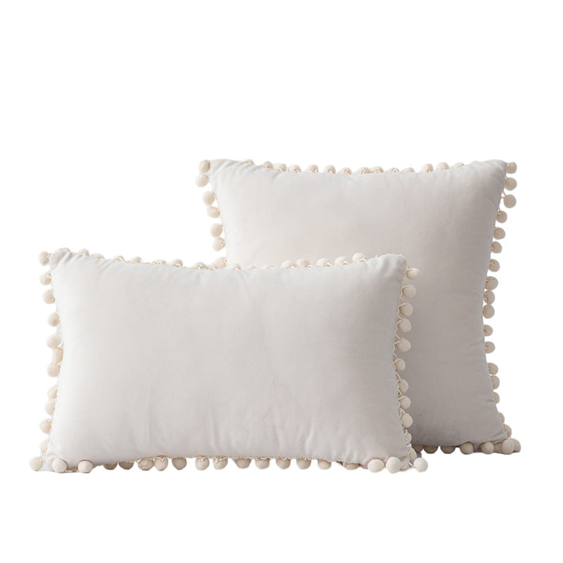 Velvet Pom-Pom Fringe Square and Lumbar Decorative Throw Pillow Set