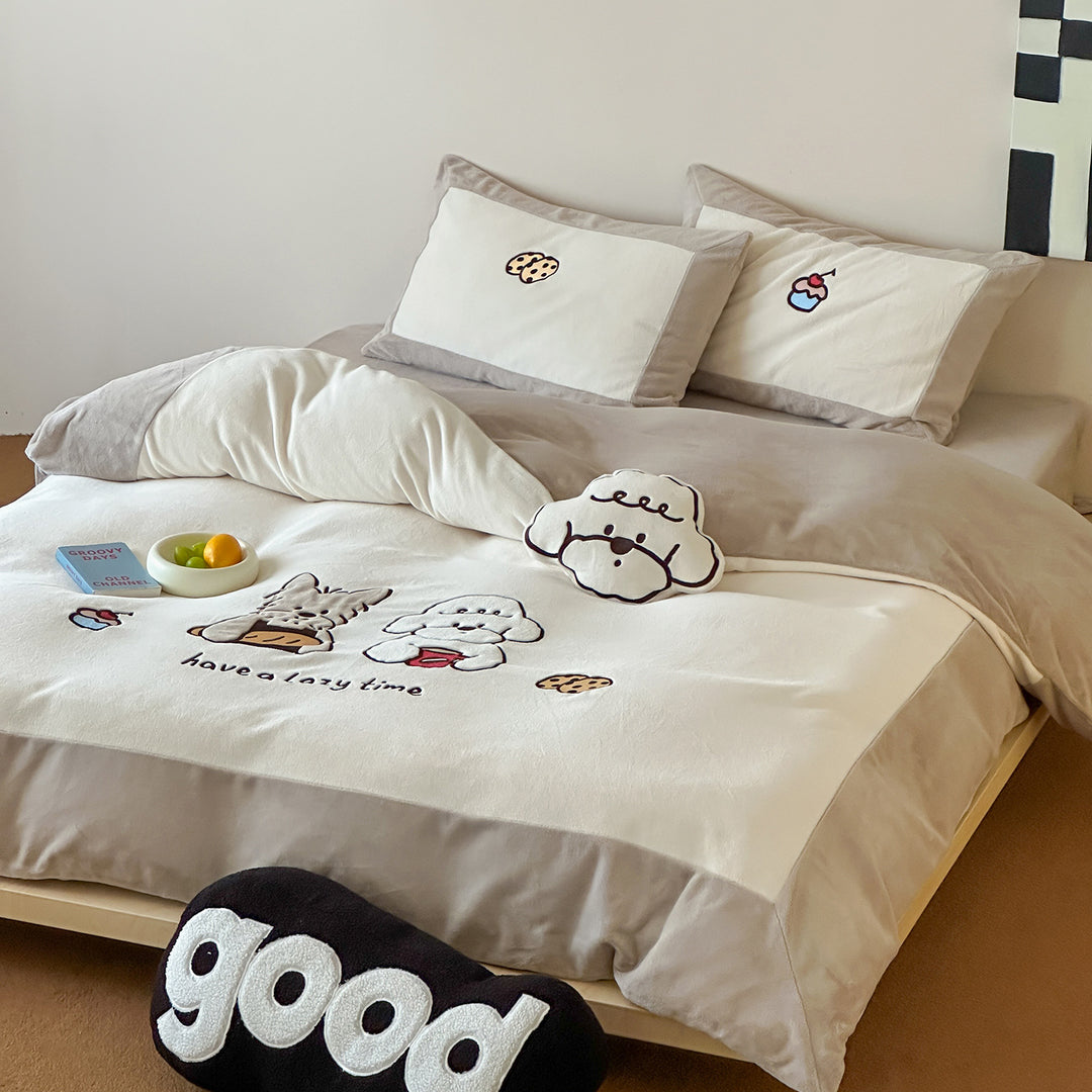 Cozy bedding set with embroidered cartoon dog motifs
