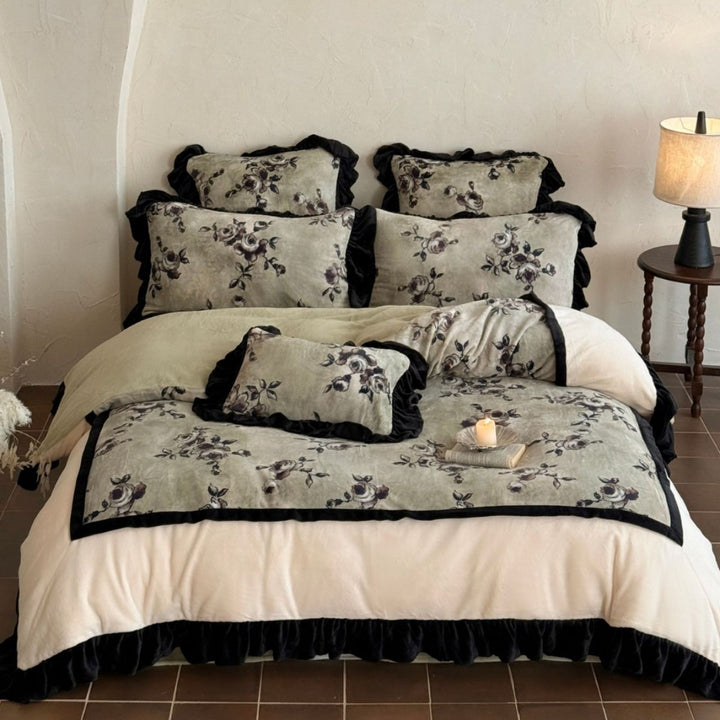 Floral Velvet-Texture Ruffled Duvet Cover Set with Decorative Pillow Shams