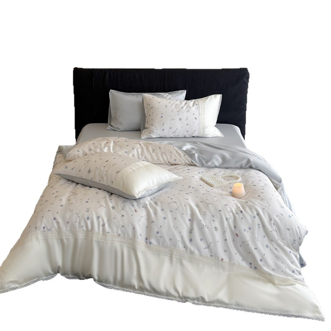 Floral Lace-Trim Satin Duvet Cover and Pillowcase Set