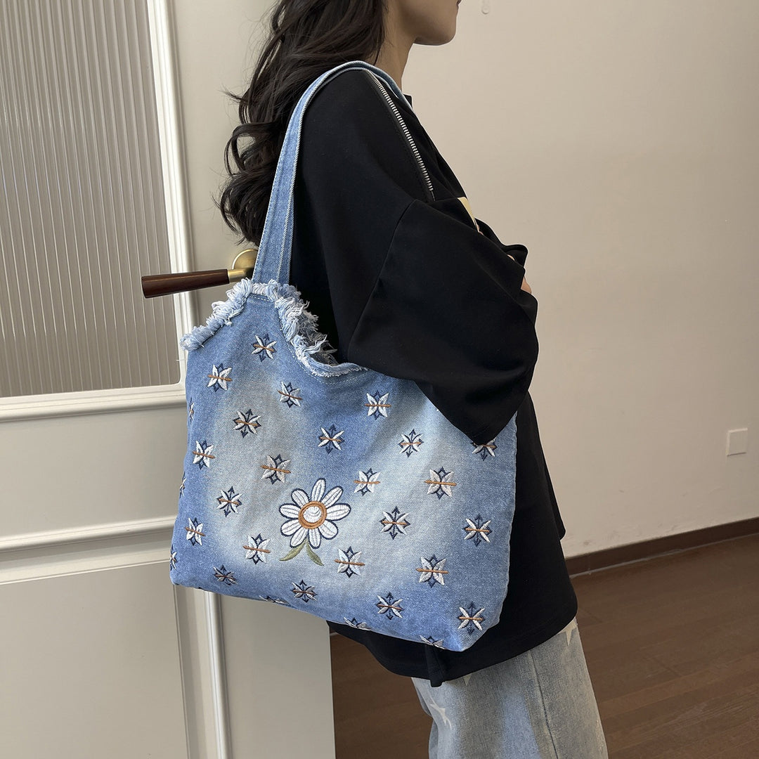 Floral Embroidered Denim Tote Bag
