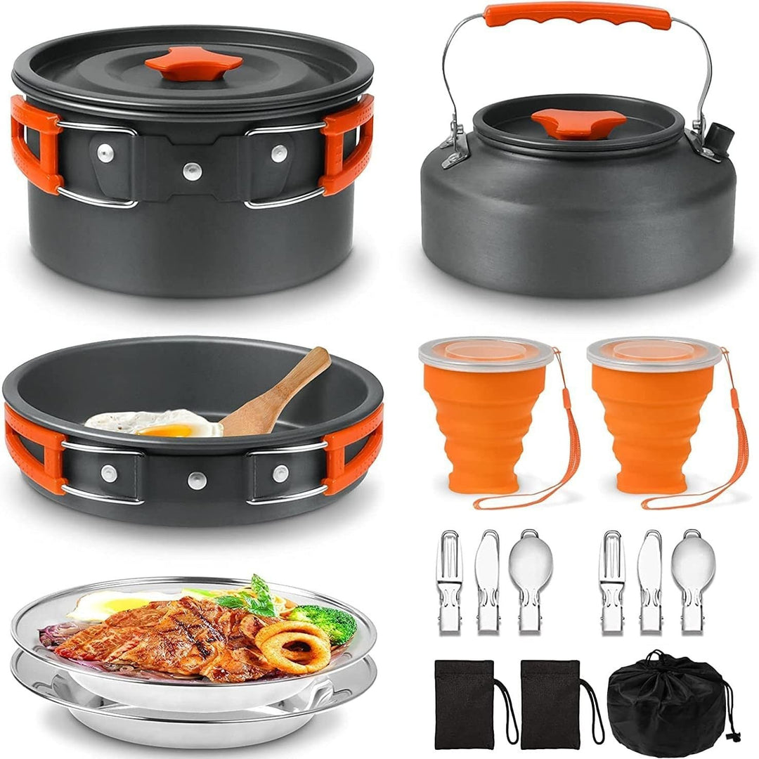 lightweight nonstick anodized aluminum camping cookware set with folding-handle pot and kettle, collapsible silicone cups, stainless plates and cutlery Stornfield