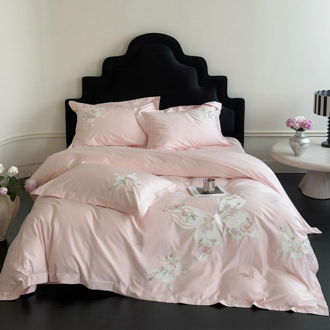 Embroidered Butterfly Cotton-Sateen Duvet Cover Set with Delicate Floral Stitching