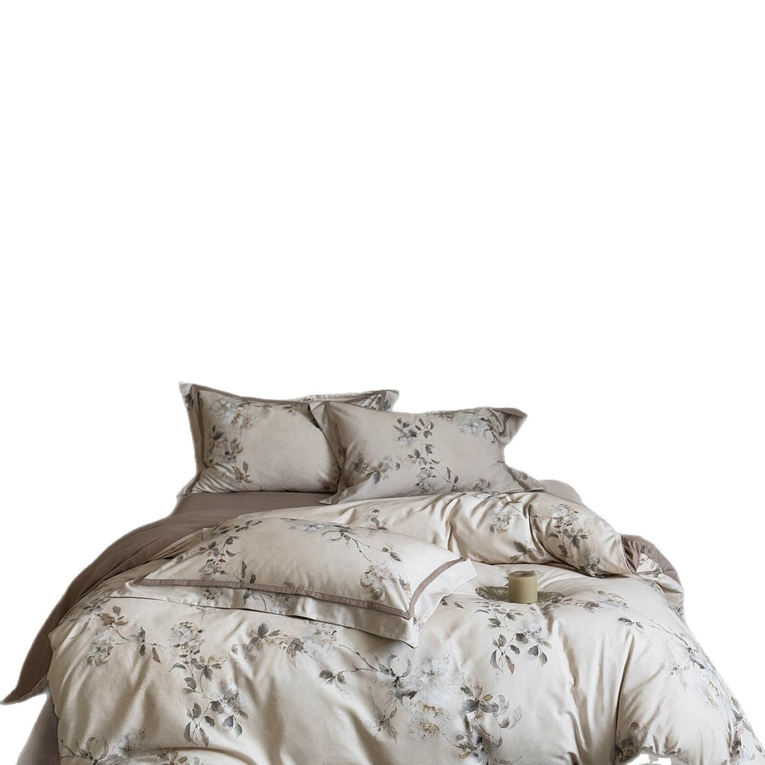 Luxury Botanical Watercolor Print Cotton Sateen Duvet Cover Set with Contrasting Hem and Euro Pillow Shams