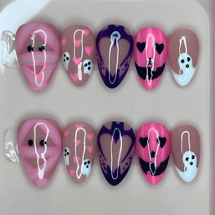 Halloween Artificial Nail Set with Playful Ghost and Heart Designs Stornfield