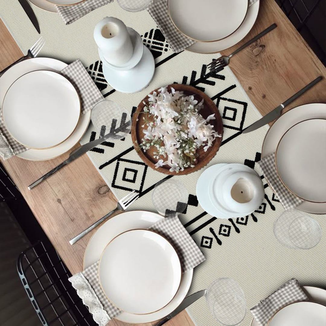 Boho table runner made of cotton blend with woven ethnic jacquard and decorative fringes Stornfield