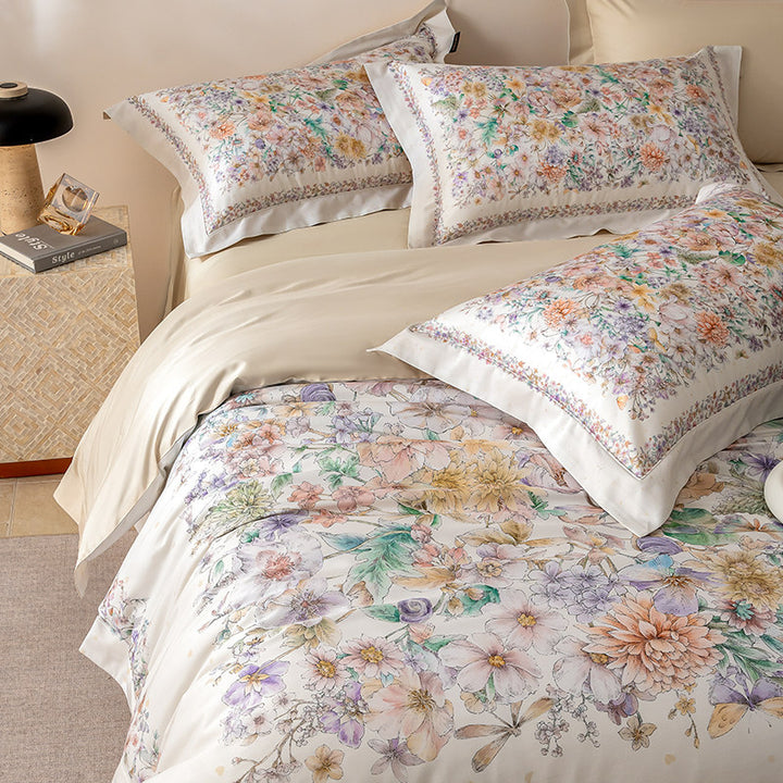 Reversible Botanical-Print Cotton Sateen Duvet Cover Set with Silky Sateen Reverse & Hidden Closure