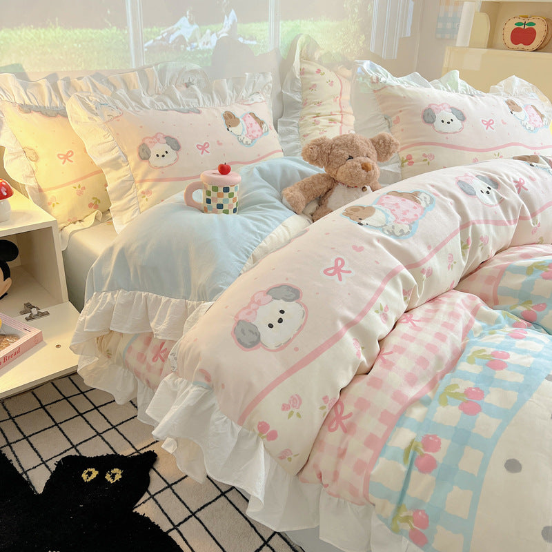 Frilled-Edge Pastel Storybook Print Cotton Duvet Cover and Sham Set