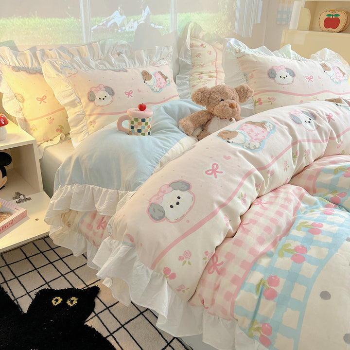 Frilled-Edge Pastel Storybook Print Cotton Duvet Cover and Sham Set