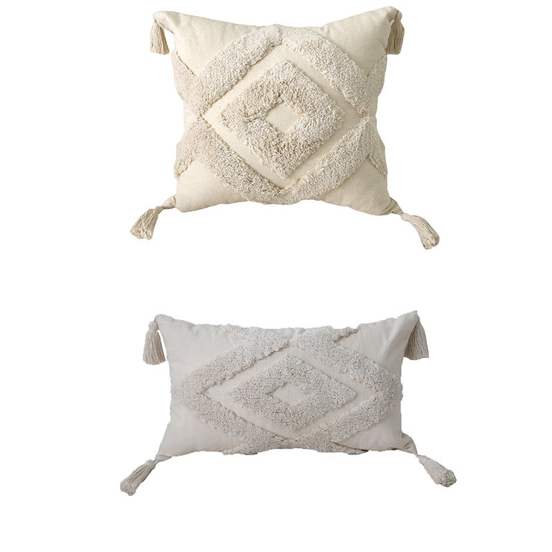 Artisanal Tufted Pom-Pom Cotton Square & Lumbar Tassel Accent Pillow Set with Removable Covers