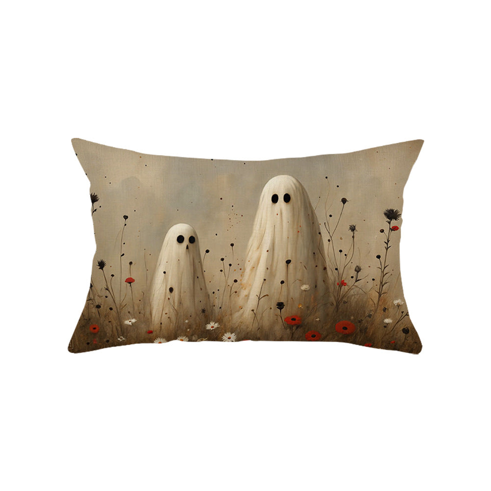 Rectangular Cotton-Linen Halloween Ghost Pattern Lumbar Pillow Cover