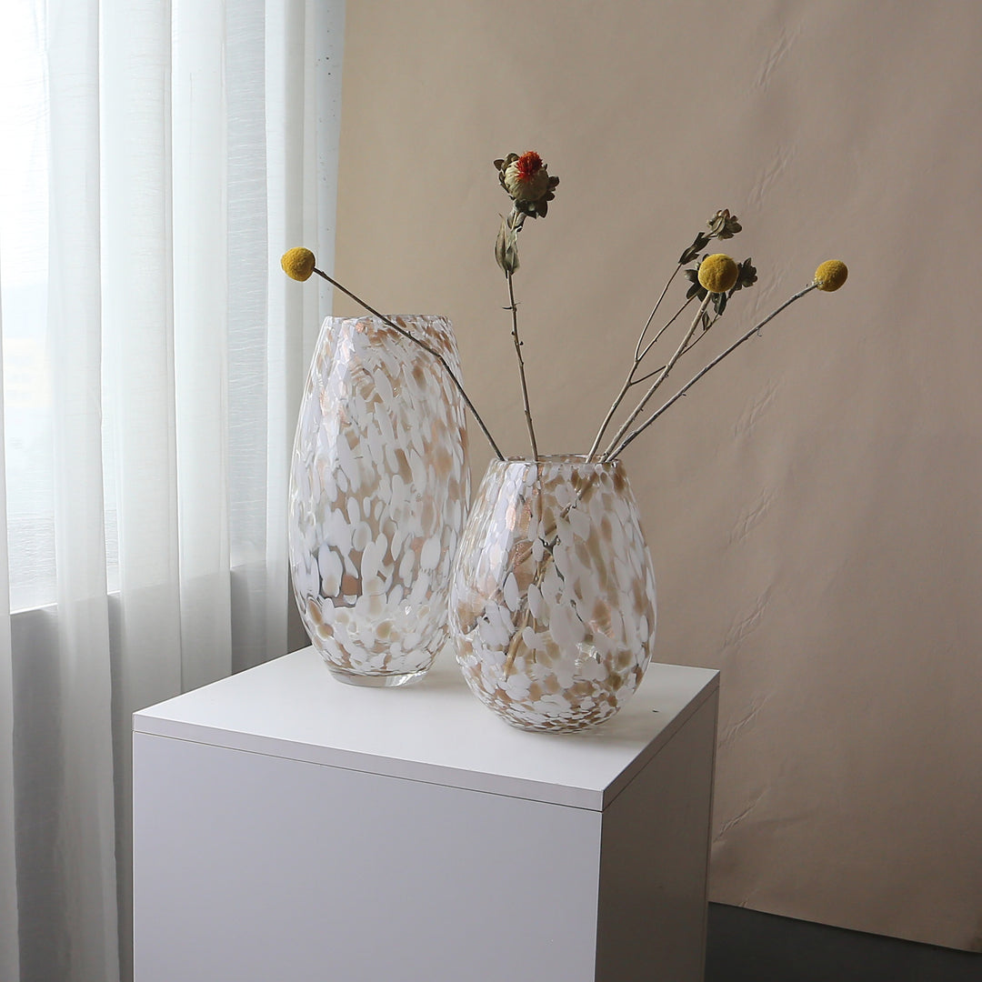 Handblown Speckled Art Glass Vase Pair with Sculptural Tall-and-Short Silhouettes Stornfield