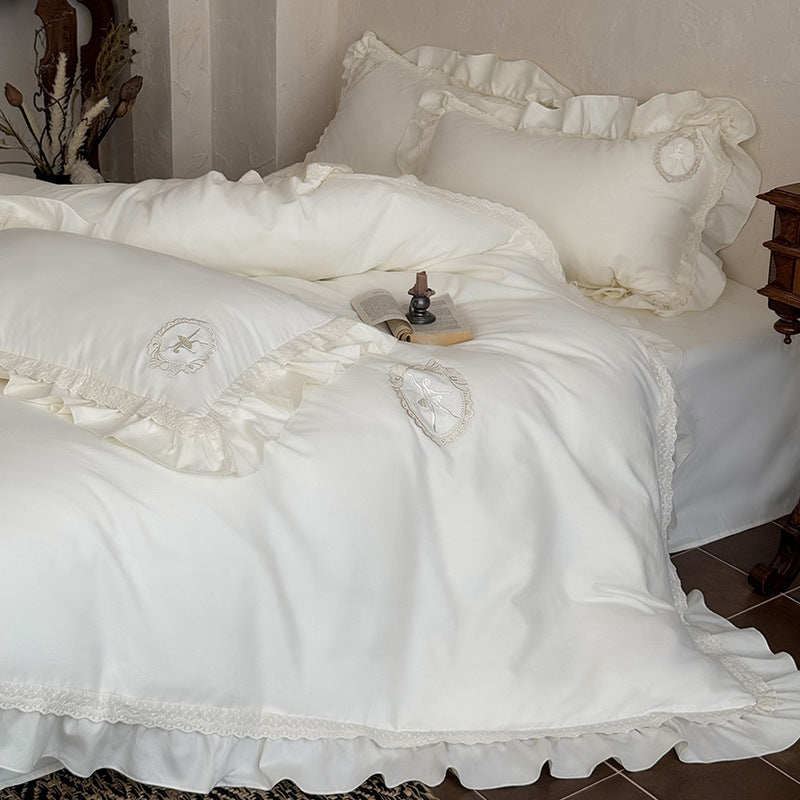 Luxury Ruffled Embroidered Cotton Duvet Cover Set