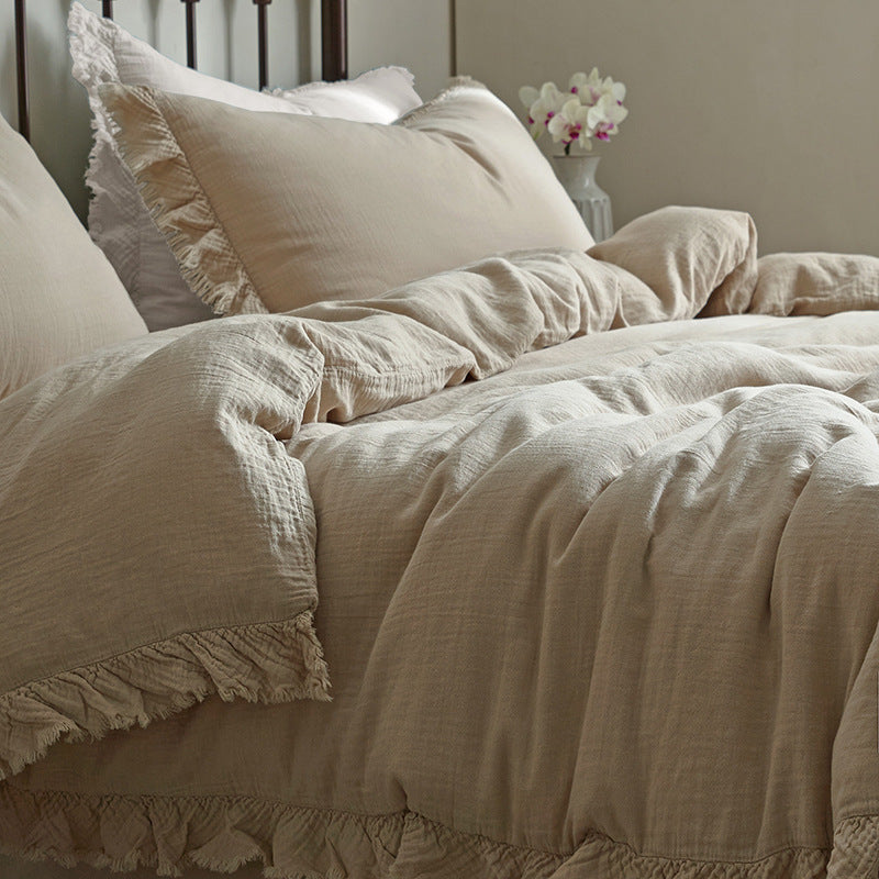Cotton Gauze Fringed Duvet Cover Set with Washed Linen Texture