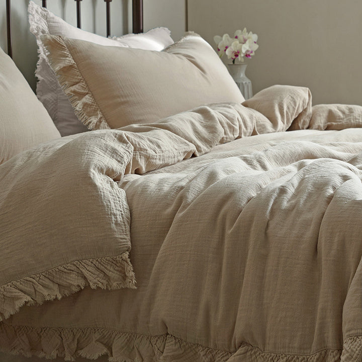 Cotton Gauze Fringed Duvet Cover Set with Washed Linen Texture