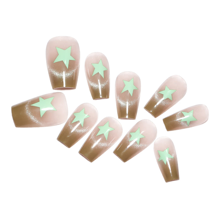 Artificial nail extensions with shimmer effect and star motifs Stornfield