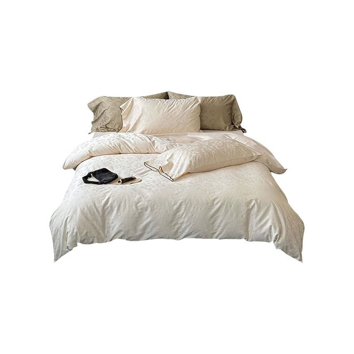 Subtle Floral Jacquard Duvet Cover Set with Piped Oxford Shams & Hidden Zipper