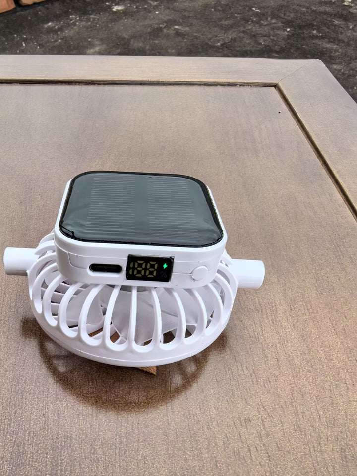 Solar-powered mini fan with digital battery level indicator and USB-C charging port Stornfield