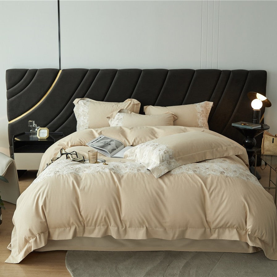 Lace-Edged Cotton Duvet Cover Set with Embroidered Panel and Pillow Shams