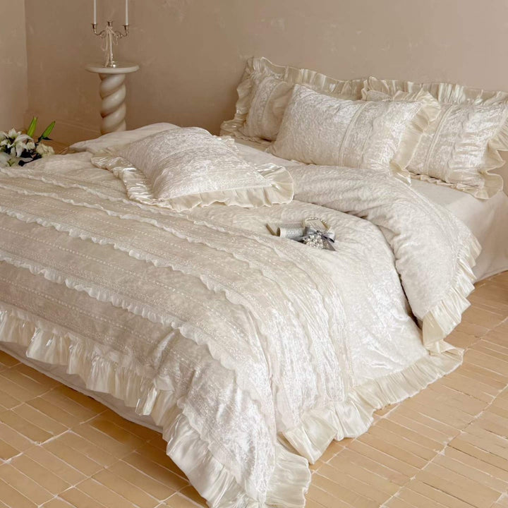 Ruffled Velvet Jacquard Duvet Cover and Pillow Sham Set with Satin Trim