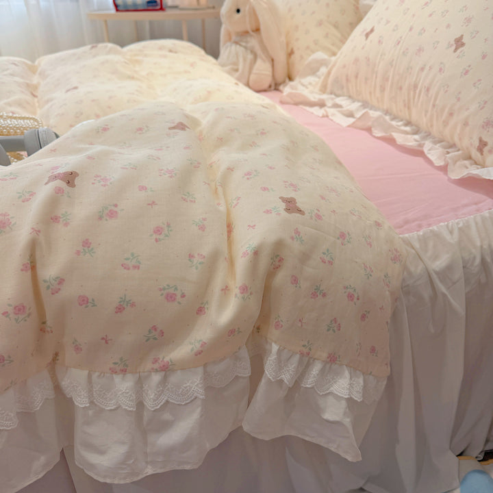 Pastel Patchwork Ruffled Cotton Duvet Cover Set with Lace-Trim Pillow Shams