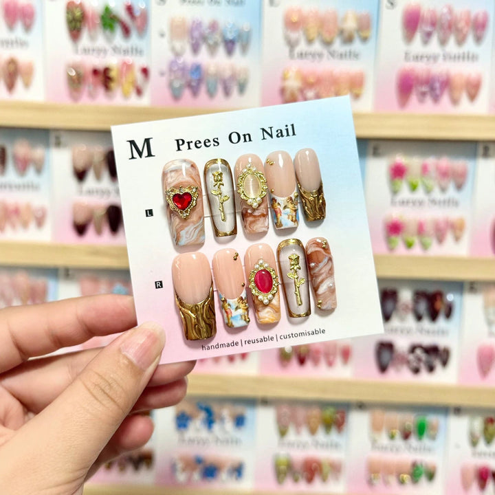 Handmade Decorative Press-On Nail Art Set with Ornate Gem Accents