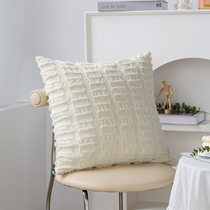 Square decorative pillow cover made of cotton blend with relief rectangular tufts and fringed edge Stornfield