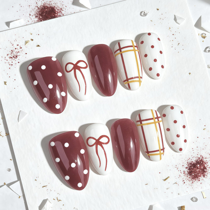 Decorative Press-On Nail Art Set with Bow and Polka Dot Design