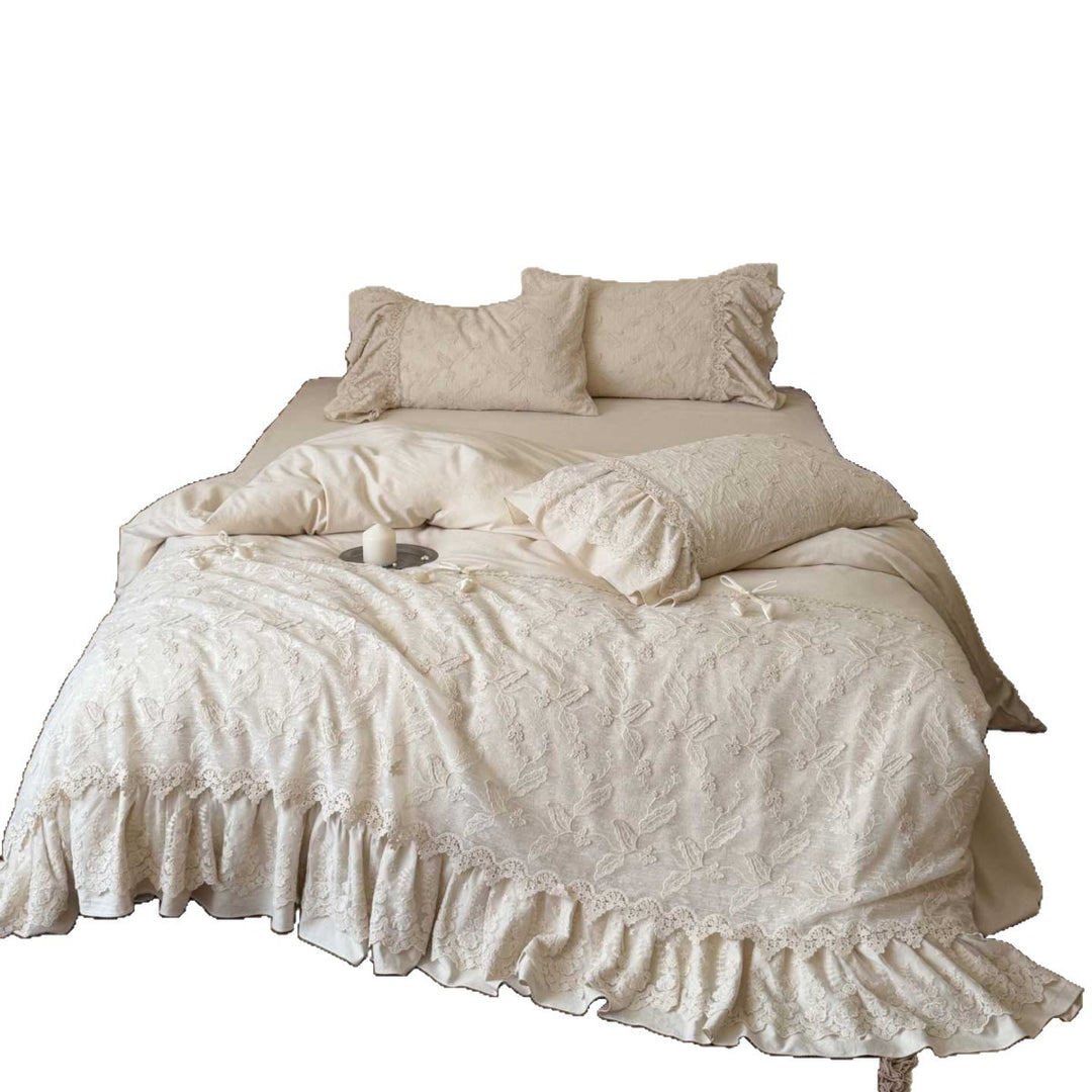 Embroidered Lace-Trim Ruffled Duvet Cover Set