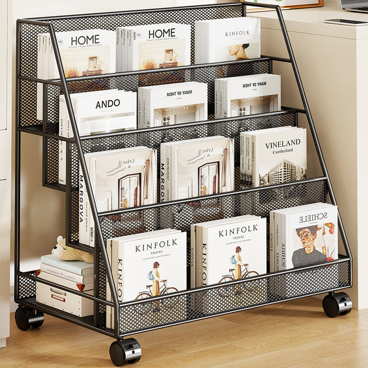 Angled Mesh Rolling Magazine and Book Display Shelf with Locking Casters