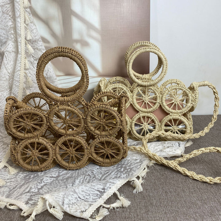 Artisan woven basket bag with striking wheel pattern Stornfield