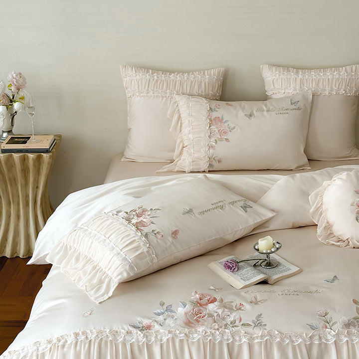 Luxury Embroidered Ruffled Satin Duvet Cover Set