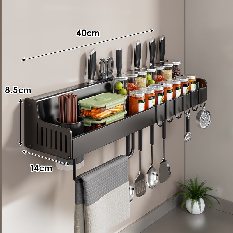 Wall-Mounted Stainless Steel Kitchen Rail with Knife Slots Spice Jar Shelf Multi-Hook Towel Bar
