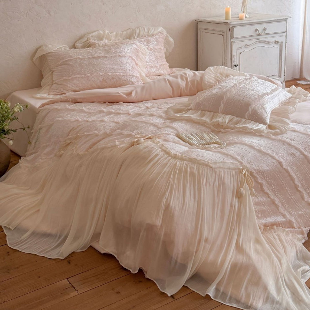 Romantic Ruffled Voile Layered Duvet Cover Set with Lace Embroidery