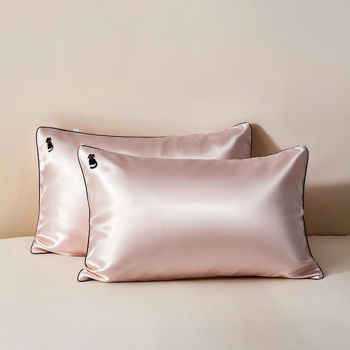 Silky Satin Pillowcase Pair with Contrasting Piping and Corner Cat Embroidery