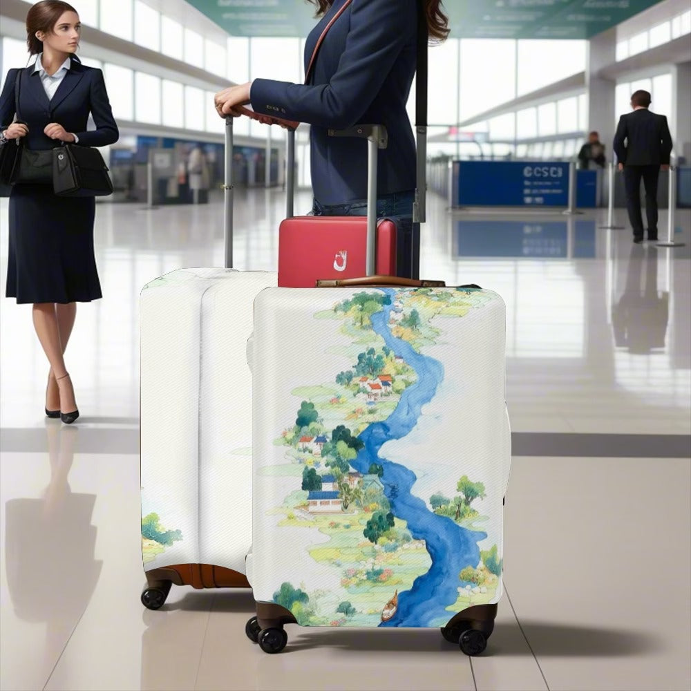 Unisex nan elastic suitcase cover with detailed river and village illustration print, tear-resistant stretch protection for hard shell and fabric trolley Stornfield