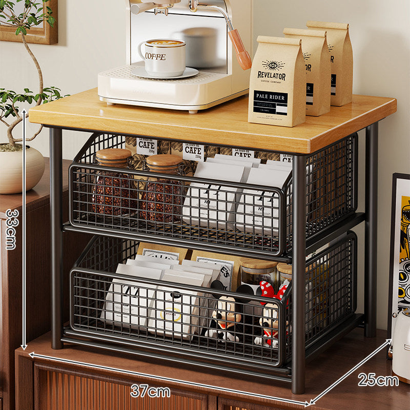 Countertop Coffee Station Organizer with Sliding Metal Wire Basket and Wooden Shelf