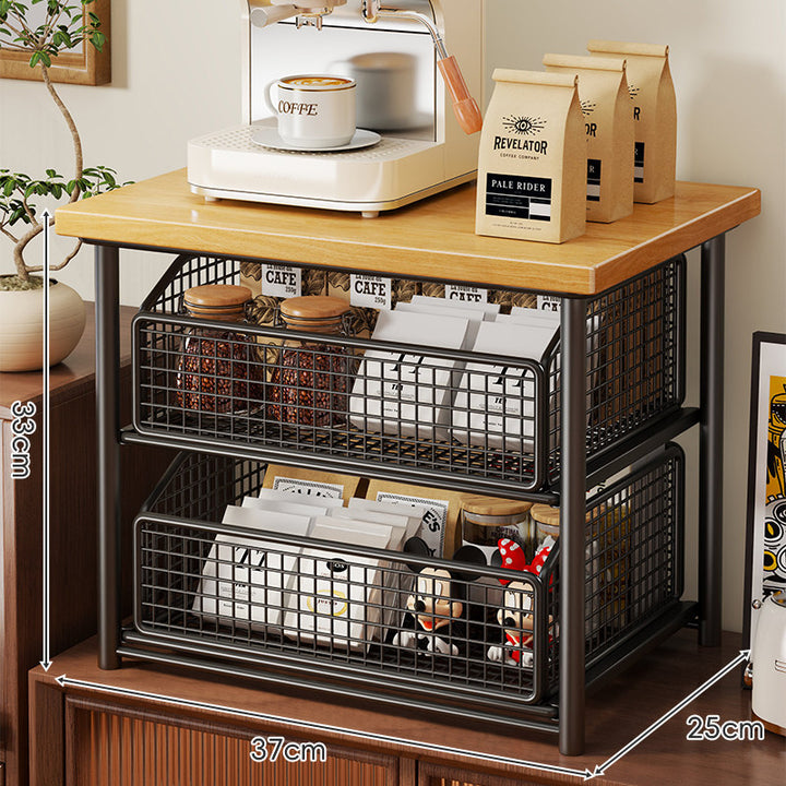 Countertop Coffee Station Organizer with Sliding Metal Wire Basket and Wooden Shelf