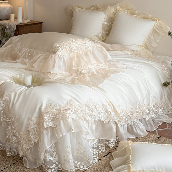 Romantic Organza-Ruffled Lace-Edge Duvet Cover Set with Frilled Pillow Shams