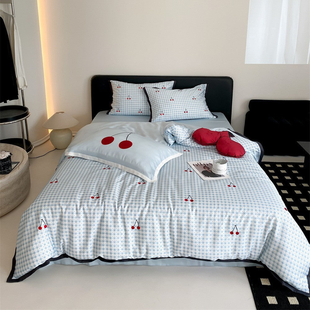 Bedding set made of cotton satin with mini check, embroidered cherries and piped edge