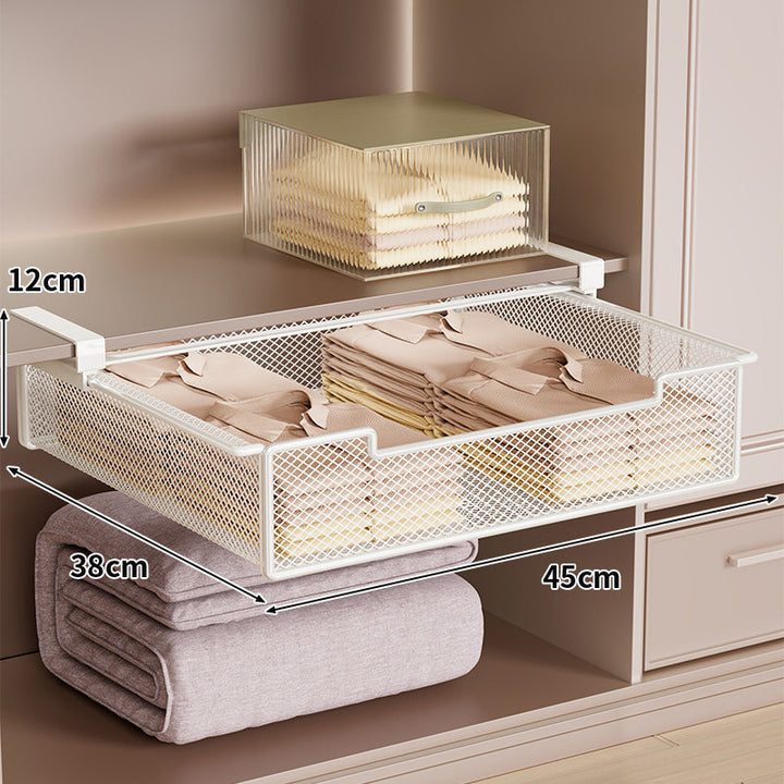 Pull-Out Under-Shelf Ventilated Metal Mesh Storage Drawer for Wardrobe and Closet Organization