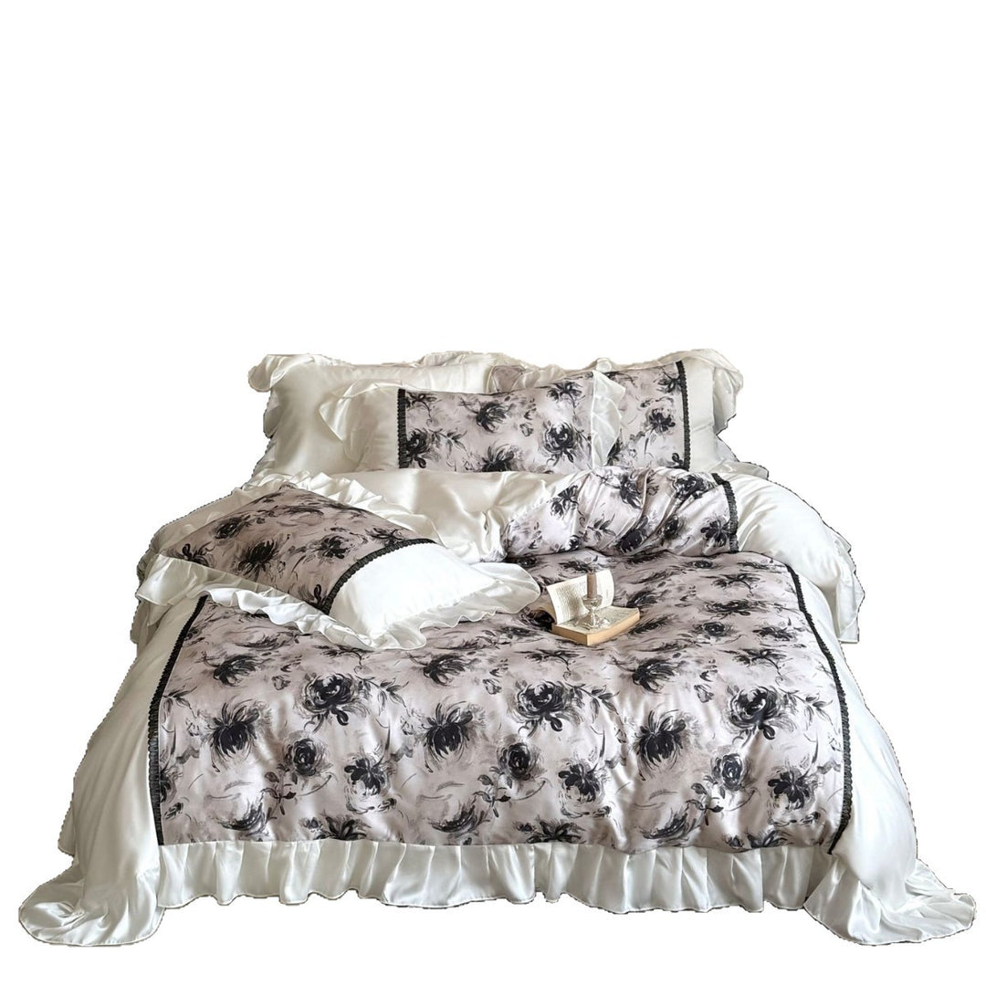 Elegant bedding set made of high-quality cotton satin with ruffles, delicate lace trim, and watercolor floral print