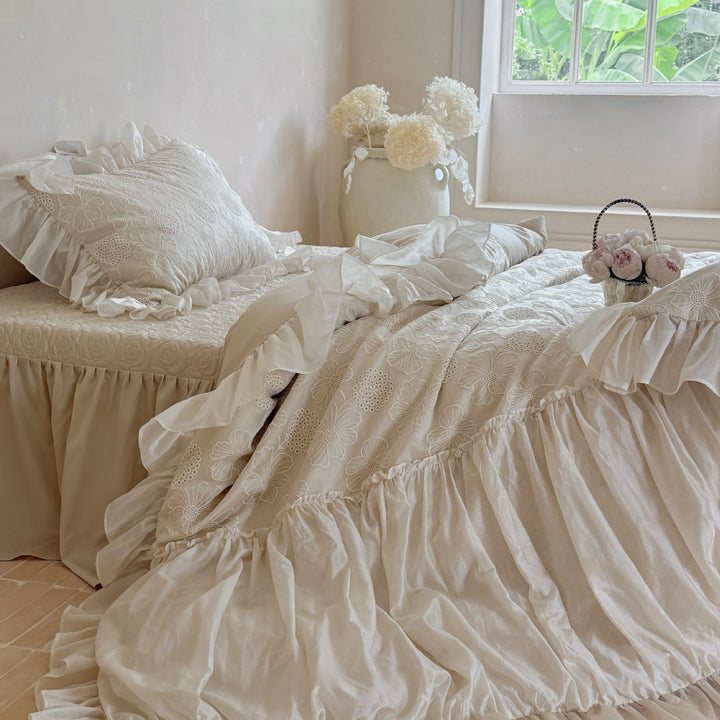 Vintage-inspired Ruffled Bedding Set with Fine Embroidery and Ruffle