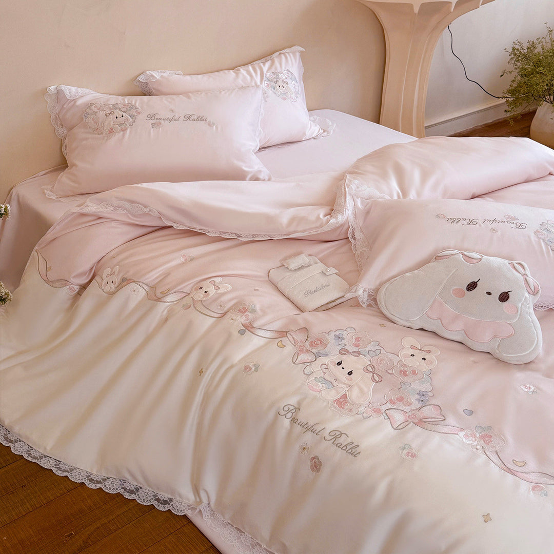 Children's Embroidered Bunny Cotton Duvet Cover Set with Lace-Trim Pillow Shams & Plush Decorative Cushion