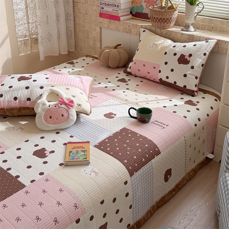 Quilted Cotton Toddler Bed Coverlet Set with Playful Dog and Flower Print and Gingham Trim