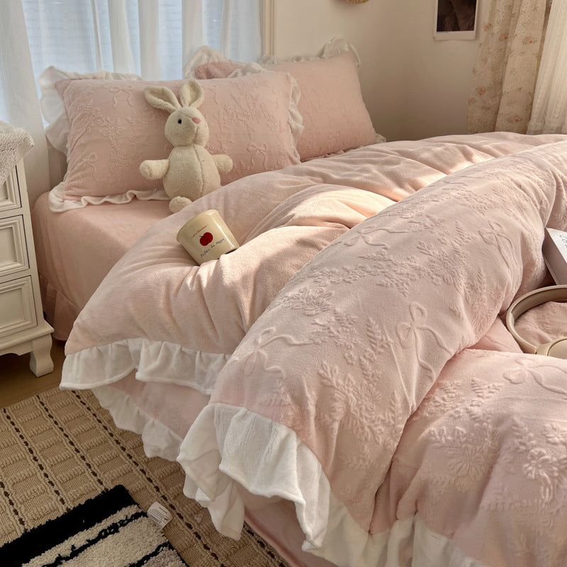 Plush Embossed Velvet-Feel Ruffled Duvet Cover Set with Frilled Pillow Shams