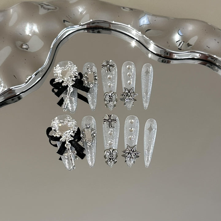 Decorative Press-On Nail Art Set with Gemstone and Rhinestone Accents
