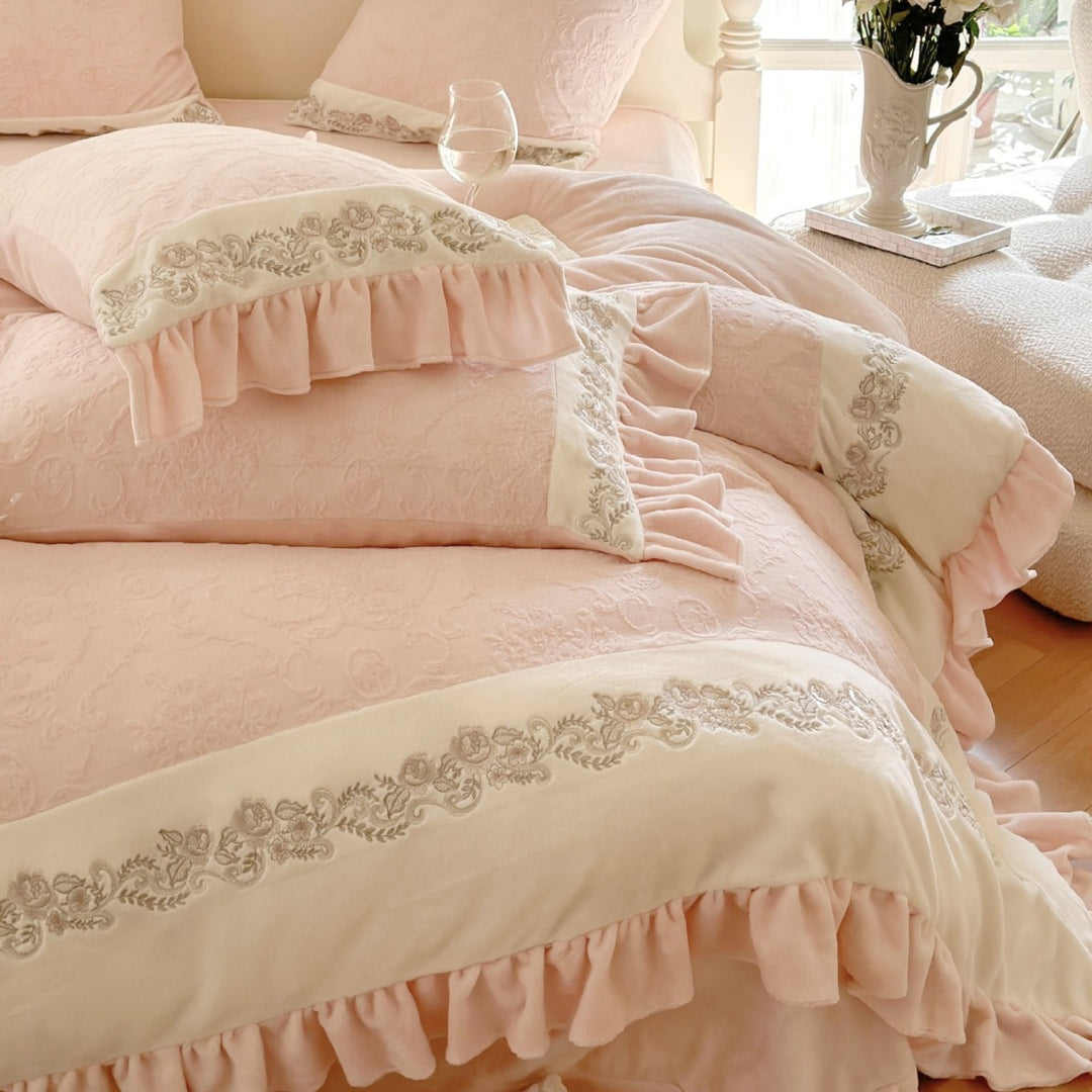 Quilted cotton duvet cover set with ruffle, embroidery border, and decorative quilted texture