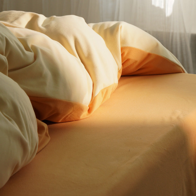 Reversible bedding set made of cotton percale with quilted duvet & fitted sheet
