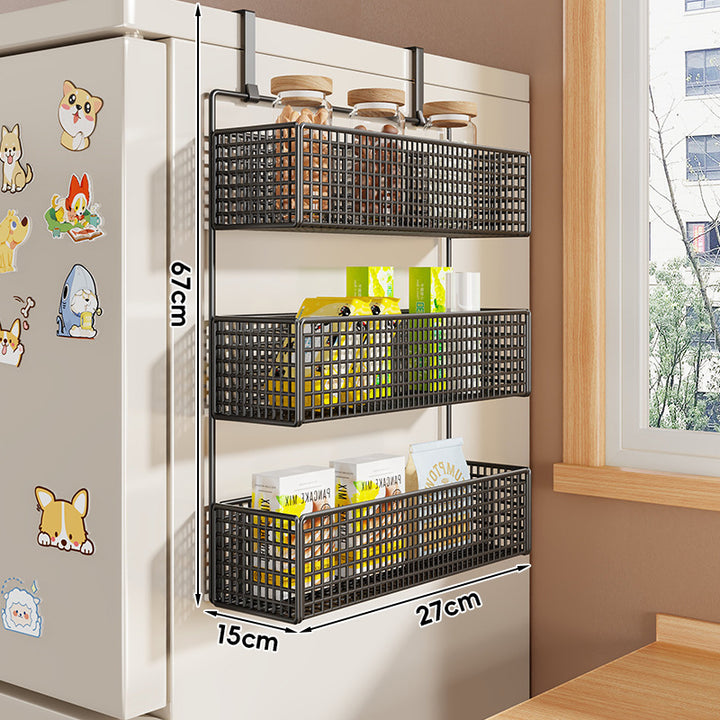 Over-Refrigerator Vertical Hanging Mesh Storage Rack with Deep Baskets and Hook Rail